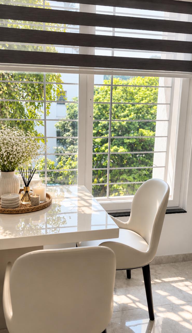 Close up of dining table by the window bathed in natural light